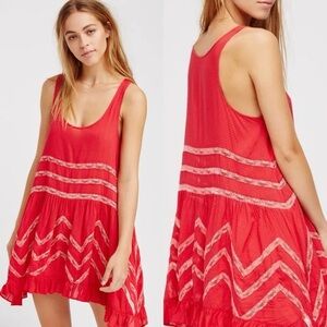 Free People Voile & Lace Trapeze Slip Cherry Red Polka Dot Sz XS